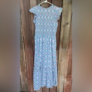 **NWT** LOFT Blue ,Pink ,Green & White Patterned Maxi Dress Ruffled Sleeves SZ 8